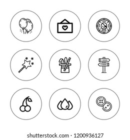 Shiny icon set. collection of 9 outline shiny icons with balloons, cherry, blood, buttons, magician, star, sign icons. editable icons.