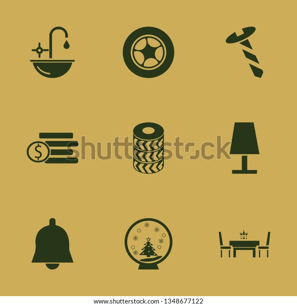 shiny icon set with table lamp, dining table\
restaurant and bell vector\
illustration