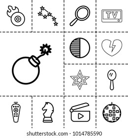 Shiny icons. set of 13 editable outline shiny icons such as mirror, explosion, constellation, disco ball, disc flame, remote control, brightness, chess horse, play, tv