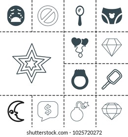 Shiny icons. set of 13 editable filled and outline shiny icons such as mirror, heart balloons, ring, children panties, gem, explosion, diamond, sphere, crying emoji