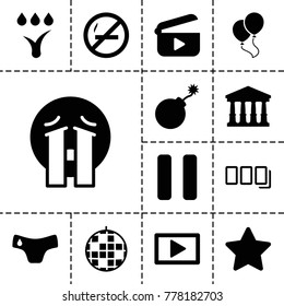 Shiny icons. set of 13 editable filled shiny icons such as court, children panties, explosion, crying emoji, disco ball, star, no smoking, pause, play, watering system