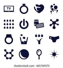 shiny icons set. Set of 16 shiny filled icons such as children panties, mirror, broken heart, star, watering system, drop, trash bin, TV, atom, switch off, blood, ring