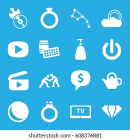 Shiny icons set. set of 16 shiny filled icons such as gem, soap, disc flame, sun, teapot, judo, TV, switch off, play, ring, lotto, constellation, sphere