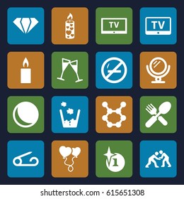Shiny icons set. set of 16 shiny filled icons such as TV, pin, mirror, gem, explosion, fork and spoon, heart balloons, candle, wine glass, judo, trash bin, spring rotate