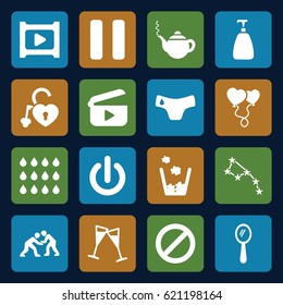 Shiny icons set. set of 16 shiny filled icons such as children panties, mirror, soap, teapot, heart balloons, heart lock, prohibited, pause, wine glass, play, drop, judo