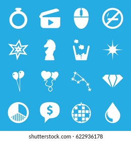 Shiny icons set. set of 16 shiny filled icons such as gem, explosion, balloon, heart balloons, star, brightness, drop, chess horse, trash bin, play, disco ball, constellation