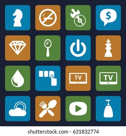 Shiny icons set. set of 16 shiny filled icons such as tv, mirror, soap, diamond, push button, fork and spoon, disc flame, sun, drop, chess king, chess horse, switch off, play