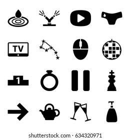 Shiny icons set. set of 16 shiny filled icons such as tv, children panties, soap, water drop, pause, mouse, wine glass, teapot, watering system, chess king, ranking, play