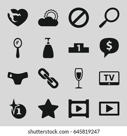 Shiny icons set. set of 16 shiny filled icons such as tv, children panties, mirror, soap, explosion, broken heart, prohibited, sun, wine glass, play, ranking, chain, star