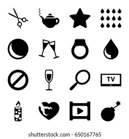 Shiny icons set. set of 16 shiny filled icons such as mirror, teapot, explosion, broken heart, candle, prohibited, medical scissors, wine glass, play, drop, tv, ring, star