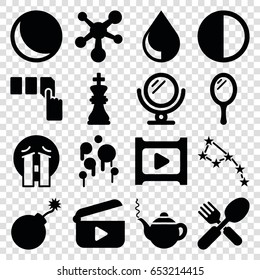 Shiny icons set. set of 16 shiny filled icons such as mirror, teapot, explosion, push button, crying emoji, fork and spoon, play, brightness, drop, chess king, atom, blood