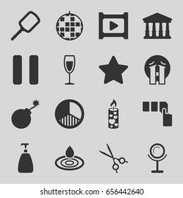 Shiny icons set. set of 16 shiny filled icons such as court, mirror, soap, water drop, explosion, push button, crying emoji, candle, medical scissors, pause, wine glass, play