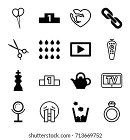 Shiny icons set. set of 16 shiny filled and outline icons such as mirror, medical scissors, play, teapot, drop, chess king, ranking, trash bin, chain, tv, balloon