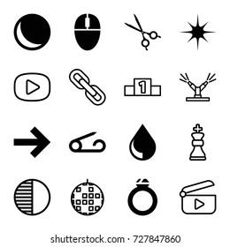 Shiny icons set. set of 16 shiny filled and outline icons such as pin, star, medical scissors, drop, ring, brightness, watering system, ranking, play, chain, chess king