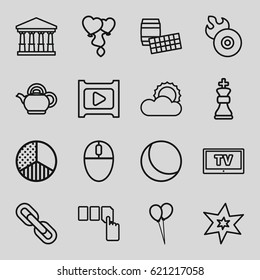 Shiny icons set. set of 16 shiny outline icons such as court, explosion, push button, balloon, heart balloons, disc flame, sun, play, brightness, teapot, TV, chain, chess king
