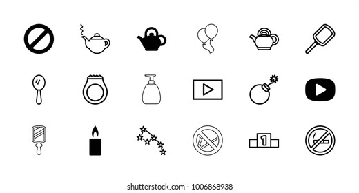 Shiny icons. set of 18 editable filled and outline shiny icons: prohibited, candle, teapot, play, mirror, explosion, constellation, no smoking, ranking, ring, soap