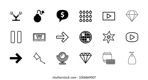 Shiny icons. set of 18 editable filled and outline shiny icons: dollar sign in cloud, forward, watering system, mirror, gem, explosion, pause, play, drop, tv, constellation