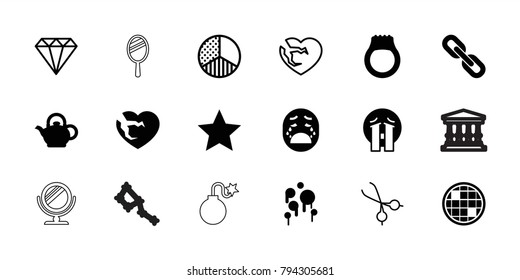 Shiny icons. set of 18 editable filled and outline shiny icons: crying emoji, broken heart, teapot, ring, chain, blood, gem, medical scissors, brightness, disco ball, star