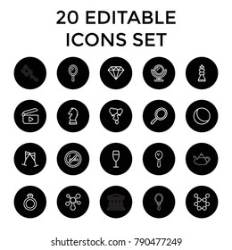 Shiny icons. set of 20 editable outline shiny icons such as mirror, diamond, sphere, no smoking, spring rotate, heart balloons. best quality shiny elements in trendy style.