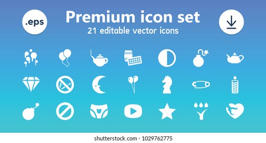 Shiny icons. set of 21 editable filled shiny icons includes teapot, explosion, balloon, lotto, broken heart, brightness, watering system, chess horse, play, blood, pin