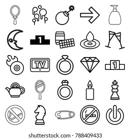 Shiny icons. set of 25 editable outline shiny icons such as ranking, tv, water drop, explosion, diamond, lotto, ring, no smoking, disc flame, forward, wine glass, candle