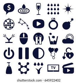 Shiny icons set. set of 25 shiny filled icons such as soap, water drop, explosion, crying emoji, heart balloons, heart lock, star, sun, pause, wine glass, brightness