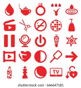 Shiny icons set. set of 25 shiny filled icons such as tv, mirror, soap, water drop, teapot, explosion, broken heart, candle, heart lock, remote control, medical scissors