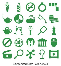 Shiny icons set. set of 25 shiny filled icons such as court, mirror, teapot, push button, crying emoji, candle, remote control, prohibited, sun, wine glass, play, brightness