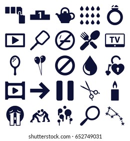 Shiny icons set. set of 25 shiny filled icons such as tv, mirror, push button, balloon, crying emoji, fork and spoon, heart lock, prohibited, medical scissors, pause, play