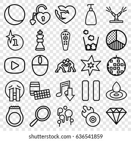 Shiny icons set. set of 25 shiny outline icons such as mirror, soap, water drop, explosion, diamond, broken heart, heart lock, disc flame, remote control, pause, mouse