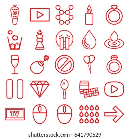 Shiny icons set. set of 25 shiny outline icons such as gem, mirror, water drop, explosion, balloon, remote control, prohibited, pause, mouse, wine glass, play, candle, drop