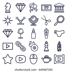 Shiny icons set. set of 25 shiny outline icons such as court, children panties, mirror, gem, diamond, candle, disc flame, remote control, star, medical scissors, play, teapot