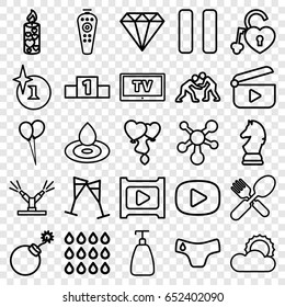 Shiny icons set. set of 25 shiny outline icons such as children panties, gem, soap, water drop, explosion, balloon, fork and spoon, heart balloons, candle, heart lock