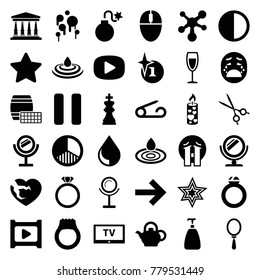 Shiny icons. set of 36 editable filled shiny icons such as pin, mirror, soap, water drop, explosion, crying emoji, star, broken heart, candle, medical scissors, pause, forward