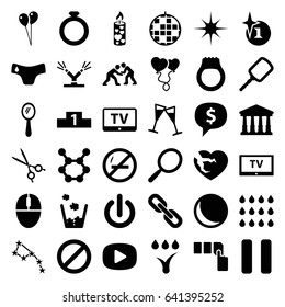 Shiny icons set. set of 36 shiny filled icons such as tv, court, children panties, mirror, explosion, push button, balloon, broken heart, heart balloons, candle, prohibited