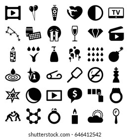 Shiny icons set. set of 36 shiny filled icons such as tv, pin, mirror, gem, soap, water drop, explosion, push button, balloon, crying emoji, broken heart, candle
