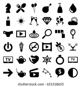 Shiny icons set. set of 36 shiny filled icons such as tv, children panties, mirror, soap, water drop, teapot, explosion, diamond, push button, balloon, fork and spoon