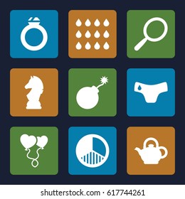 Shiny icons set. set of 9 shiny filled icons such as children panties, mirror, explosion, heart balloons, brightness, teapot, drop, chess horse