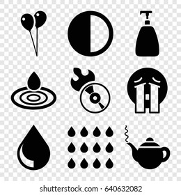 Shiny icons set. set of 9 shiny filled icons such as soap, water drop, teapot, balloon, crying emoji, disc flame, brightness