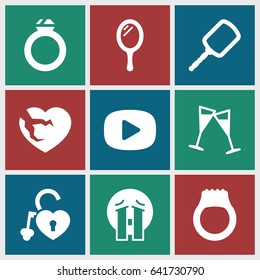 Shiny icons set. set of 9 shiny filled icons such as mirror, crying emoji, broken heart, heart lock, wine glass, play