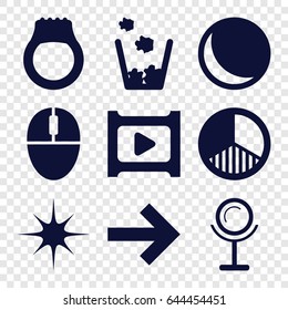 Shiny icons set. set of 9 shiny filled icons such as mirror, star, mouse, play, brightness, trash bin, ring, sphere