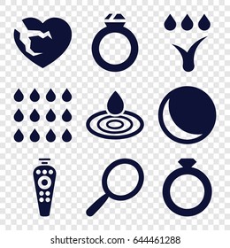 Shiny icons set. set of 9 shiny filled icons such as mirror, water drop, broken heart, remote control, watering system, drop, ring