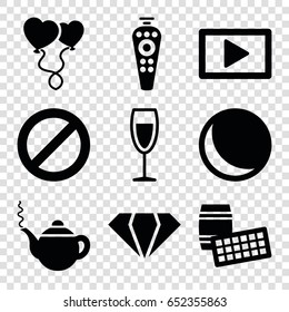 Shiny icons set. set of 9 shiny filled icons such as gem, teapot, heart balloons, remote control, prohibited, wine glass, play, lotto