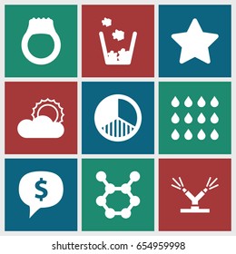 Shiny icons set. set of 9 shiny filled icons such as sun, brightness, watering system, drop, trash bin, ring, spring rotate, star