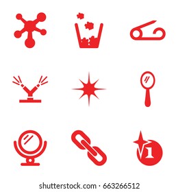 Shiny icons set. set of 9 shiny filled icons such as pin, mirror, explosion, star, watering system, trash bin, atom