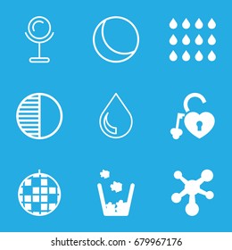 Shiny icons set. set of 9 shiny filled and outline icons such as heart lock, drop, trash bin, atom, mirror, brightness, disco ball