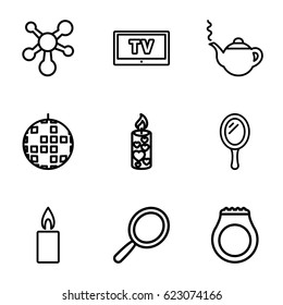 Shiny icons set. set of 9 shiny outline icons such as mirror, teapot, candle, TV, atom, ring