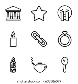 Shiny icons set. set of 9 shiny outline icons such as court, mirror, teapot, candle, chain, crying emoji, ring