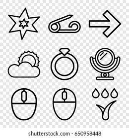 Shiny icons set. set of 9 shiny outline icons such as pin, mirror, explosion, sun, mouse, watering system, ring