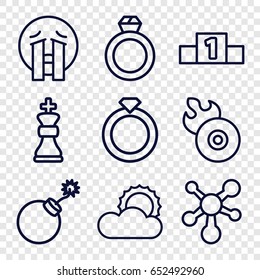 Shiny icons set. set of 9 shiny outline icons such as explosion, disc flame, sun, ranking, atom, chess king, crying emoji
